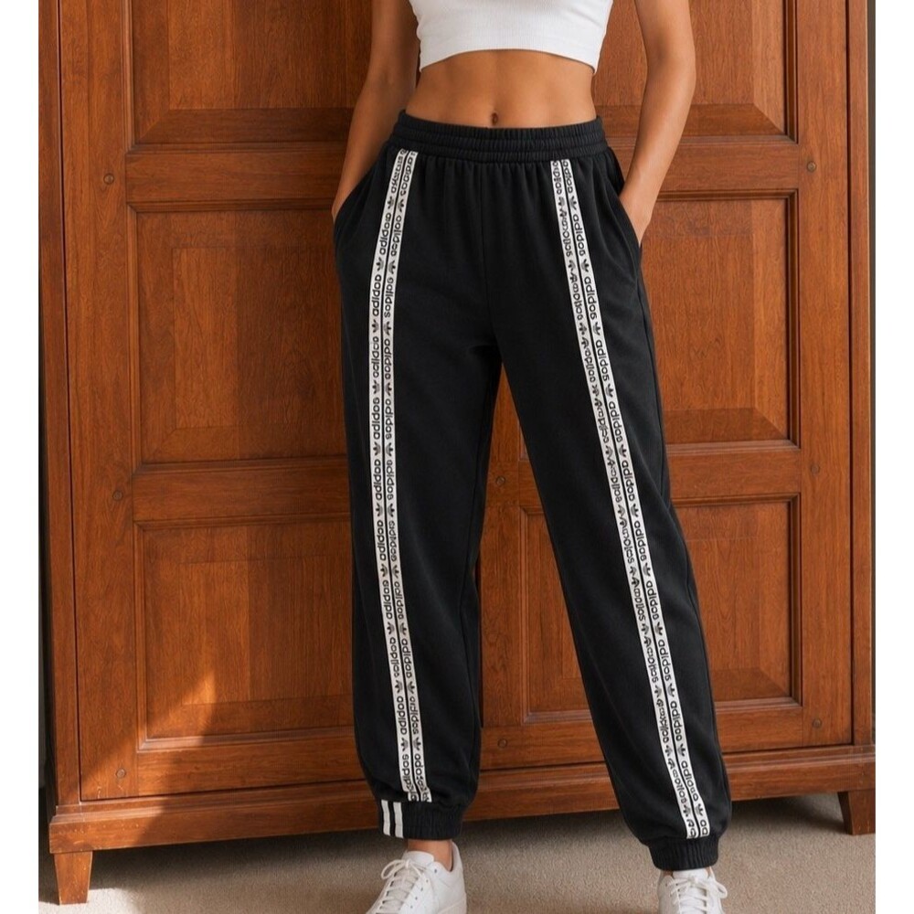 Adidas Originals R.Y.V. Velour Jogger Pants Black Trefoil Logo Tape Women S